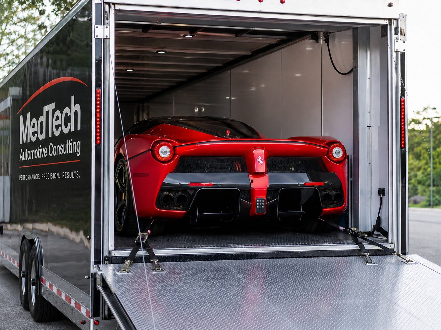 MedTech enclosed car transport trailer with a Ferrari LaFerrari